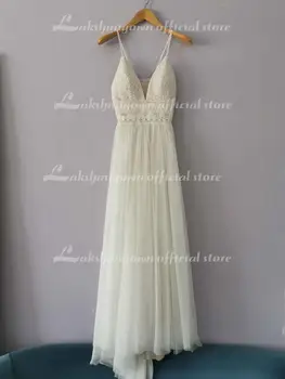 Spaghett Sapanlar Boho düğün elbisesi 2021 Dantel v Boyun Şampanya gelinlik elbise prenses beyaz Robe de mariee