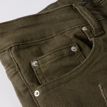 Streetwear Moda Erkek Kot Ordu Yeşil Elastik Slim Fit Yırtık Kot Erkekler Yama Tasarımcı Marka Hip Hop Kot Pantolon