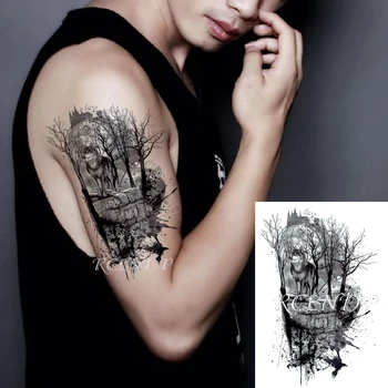 Su geçirmez Geçici Dövme Etiket Kurt Karga Kuş Orman Ağacı Siyah Sahte Dövme Flaş Dövme Kol Bacak Büyük Sanat Kadın Erkek