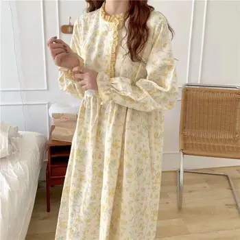 SUO ve CHAO 2023 Yeni Çiçek Baskı Gecelik kadın Uzun Kollu Yuvarlak Boyun Gevşek Rahat A-line Gecelikler Pijama Pijama