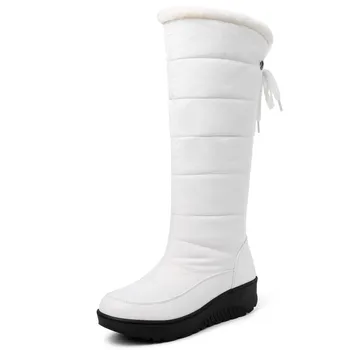 Sıcak Kış Kar Botları Kadın Sıcak Kürk Peluş Kış Ayakkabı Rahat Kama Diz Yüksek Çizmeler Kızlar Siyah beyaz Ayakkabı Bayanlar Su Geçirmez