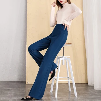 Sıcak Satış Yeni Koyu Mavi Siyah Düz Geniş Bacak Pantolon Kadın Artı Büyük Boy Elastik Bel Kalın Moda Ofis Pantolon 6XL 10XL