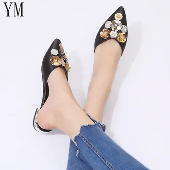 Sıcak Zarif Sivri Burun düz ayakkabı Bling Bling Çiçek Kadın sandalet Kadın Flats Moda Bayanlar Ayakkabı Kadınlar üzerinde Kayma Büyük 41 Boyutu