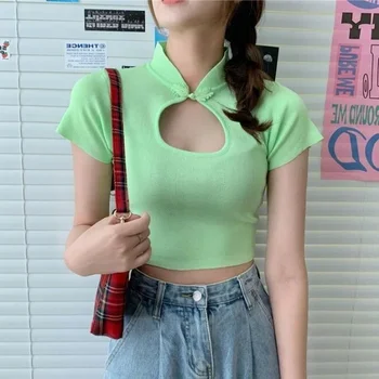 T-shirt Kadın Seksi Sıska Sıcak Kızlar Yaz Şeker Renkler Mandarin Yaka Çin Tarzı Serin Y2k Moda Büstü Oymak şık