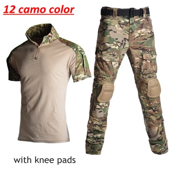 Taktik Militar Üniforma Kısa Kollu T Shirt + Pantolon Diz Pedleri ile Airsoft Paintball Savaş Rip-Stop Pantolon ve Gömlek Seti