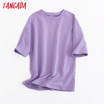 Tangada 2021 Kadın Mor Büyük Boy Pamuklu T Shirt Yüksek Kalite Kısa Kollu Bayanlar Casual Tee Gömlek Sokak Giyim Üst 6L25