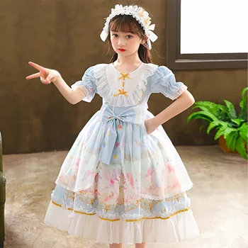 Tatlı Lolita Elbise Çocuk Dantel İlmek Baskı Yüksek Bel Victoria Elbise Japon Kawaii Kız Gotik Elbiseler Parlama Kollu