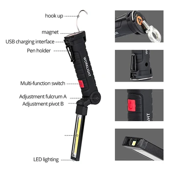 Taşınabilir 5 Modu COB El Feneri Torch USB şarj edilebilir LED lamba çalışma ışığı manyetik COB Lanterna asılı Kanca Lambası Açık Kamp İçin