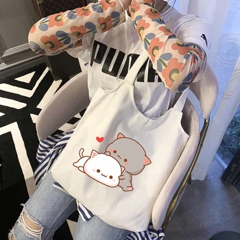 Tote kanvas çanta Çevre Dostu Tuval alışveriş çantası Kadınlar için Sevimli Kedi Grafik Karikatür omuz çantaları Pamuklu Bez Çanta Kızlar