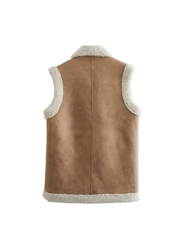 TRAF Kadın 2022 Yelek Ceket Moda Kalın Sıcak Şık Patchwork Yelek Vintage Tek Göğüslü Ceket Kadın Gevşek Üstleri