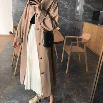 Trençkot Kadın Uzun Tarzı Katı Gevşek Düğme Günlük Dış Giyim Bayan Tüm Maç Streetwear Eğlence Zarif Şık Retro Moda Yeni