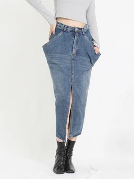 TWOTWINSTYLE Streetwear Denim Uzun Etek Kadınlar İçin Yüksek Bel Katı Minimalist Bölünmüş Uzun Etekler Kadın Yaz Giyim 2022 Yeni