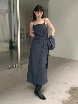 TWOTWINSTYLE Zarif Moda İki Parçalı Set Kadınlar İçin Uzun Kollu Kısa Blazer Yüksek Bel Lace Up Elbise Takım Elbise Kadın 2022 Giyim