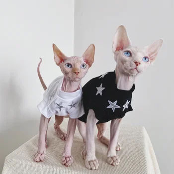 Tüysüz Kedi Giysileri Sfenks Devon Elastik Pamuk Kısa Bacaklar İlkbahar ve Sonbahar Alerji Baskı Retro T