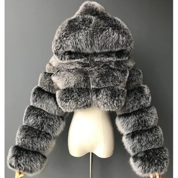 UHYTGF kışlık kürk palto Kadın Giyim Kısa Kapşonlu Faux Kürk Ceket Patchwork Taklit Tilki Saç Ceket Kadın manteau Femme 940