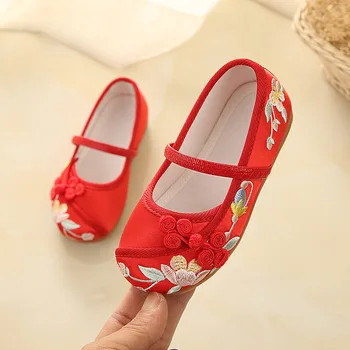 Ulusal tarzı İşlemeli Ayakkabı Çin Pamuklu Bez Ayakkabı flattie Yumuşak tabanlı Çocuklar düz ayakkabı Kızlar Prenses Performans Ayakkabı