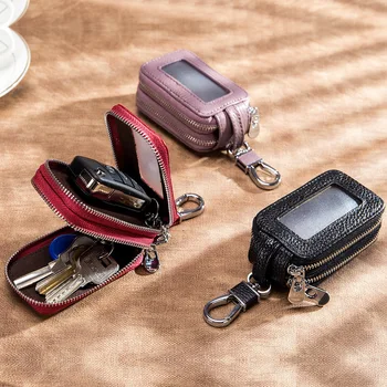 Unisex Hakiki Deri Anahtar Cüzdan Çift Fermuarlı araba için çok işlevli kilit anahtarı Çantası İnek Deri İş Anahtar Kutu Anahtarlık