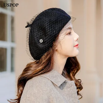 USPOP kadınlar yün bereliler kadın kalın kış şapka mektup M örgü ıpliği bere düz renk vintage sıcak vardır