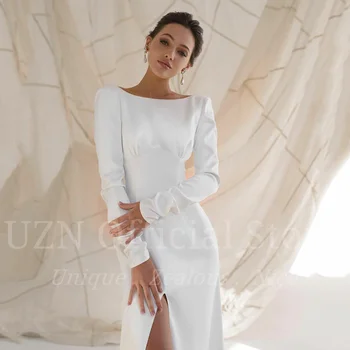 UZN Zarif Mermaid Saten Gelinlik Scoop Boyun Uzun Kollu gelinlikler Seksi Yüksek Yarık gelinlik 2023 Elbiseler De Mariée
