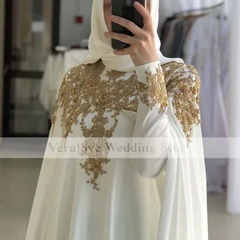 Uzun Kollu Yüksek Boyun Müslüman Abiye 2021 Altın Aplikler Abiye Elbiseleri Balo Kaftan Vestido De Fiesta De Boda