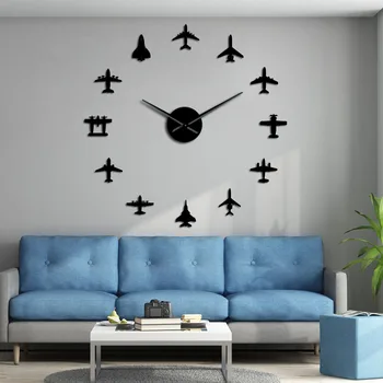 Uçan Uçak savaş uçağı Büyük duvar saati DIY 3D Akrilik Ayna Etkisi Sticker Uçak Sessiz İzle Aviator Ev Dekor