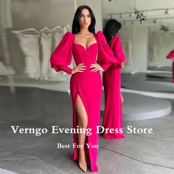 Verngo Yeni Vintage Şampanya Puf Uzun Kollu Abiye Yarık Sevgiliye Streç Saten 2023 Modern Örgün Parti Kıyafeti
