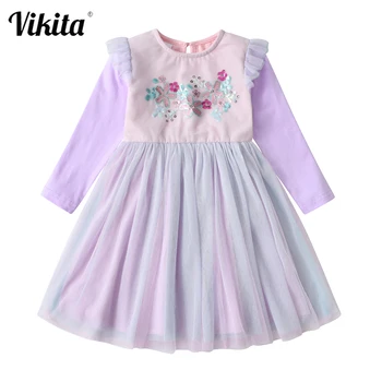 VIKITA Toddlers Elbiseler Çocuk Giyim Kız Mor Zarif Elbise Çiçek Sequins Prenses Elbise Kız Hediye Sonbahar Elbiseler Kızlar için