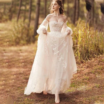 Vintage A-Line Uzun Puf Kollu düğün elbisesi Tül Kadınlar Sevgiliye Lacing Up Örgün gelinlikler Dantel Aplikler Robe De Soirée