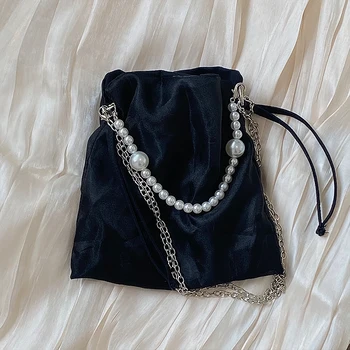 Vintage Girly Örgü Çanta Çanta İnci Zincir Kadın Küçük omuz askılı postacı çantaları Moda Tasarım Bayanlar İpli saklama çantası