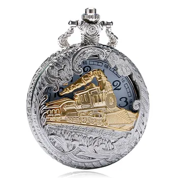 Vintage Gümüş Büyüleyici Altın Tren Oyma Açılabilir Hollow Steampunk Kuvars cep saati Erkek Kadın Kolye Kolye Saat Hediyeler