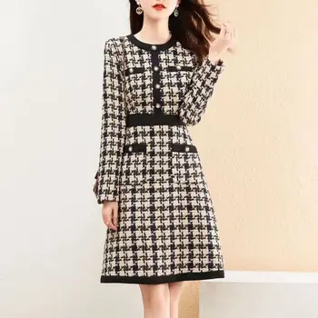 Vintage Maxi Elbiseler Kadınlar için Kuş Kafes A-Line O-boyun Örgü Mini Elbise Düğmesi Kadın Kadın Sonbahar Kış 2022 Giyim