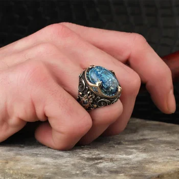 Vintage Metal Zanaatkar Kazınmış Signet Yüzük Kakma Mavi Zirkon erkek İş Punk motorcu yüzüğü