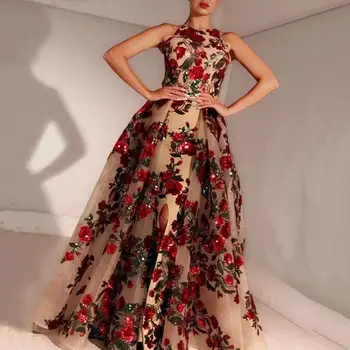 Vintage Çiçekli Baskı Kolsuz Akşam Parti Elbiseler Kadın Zarif O Boyun Uzun Büyük Salıncak Etek düğün elbisesi Payetli Balo Elbise