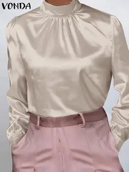 VONDA Şık Saten Üstleri 2022 Sonbahar Kadın Saten Bluzlar Casual Katı Renk Yüksek Yaka Gömlek Uzun Puf Kollu Parti Blusa Femme