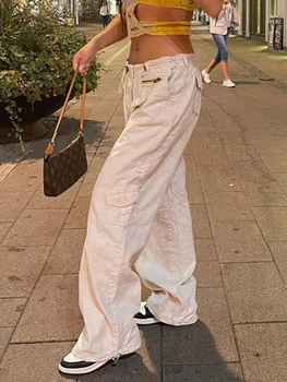 Waatfaak Vintage Yüksek Bel Baggy Kargo Kot Kadın Beyaz Harajuku Grunge Kot Kore İpli Erkek Arkadaşı Pantolon Denim 2021