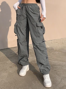 Weekeep Kargo pantolon Vintage Büyük Cep İpli Elastik Sıska Bacak kalem pantolon Kadın Moda Y2k 90s Baggy Koşu Streetwear