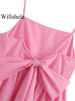Willshela Kadın Moda Pembe Pileli Backless Eğdi Midi Elbise Vintage İnce Sapanlar Kare Yaka Kadın Şık kadın elbiseleri