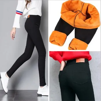 WKOUD kış pantolonları Kadın Kalın Sıcak Spor Tayt Altın Fleeces Ayaksız Tayt Kadın Sıska Siyah Legging Pantolon P8496