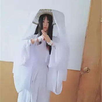 Xie Lian Cosplay Kostüm Tian Guan Ci Fu Cosplay Xielian peruk Bambu Şapka Prop Beyaz Han Fu Anime Kıyafet Unisex Kostümleri