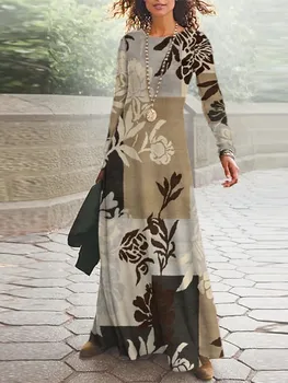 Y2k Elbise Yeni Yuvarlak Boyun 3D Baskı Uzun Kollu Düzensiz Büyük Etek Etek Moda Abiye uzun elbise
