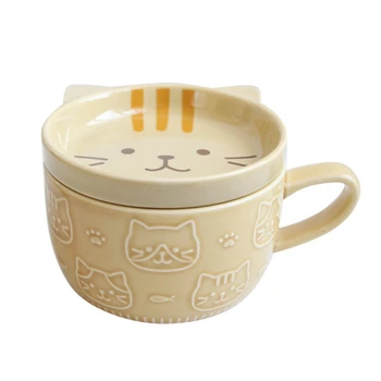 Yaratıcı Seramik Kahve kapaklı kupalar Sevimli Kedi Porselen Fincan Aile Kahvaltı Süt meyve suyu fincanı İçecek
