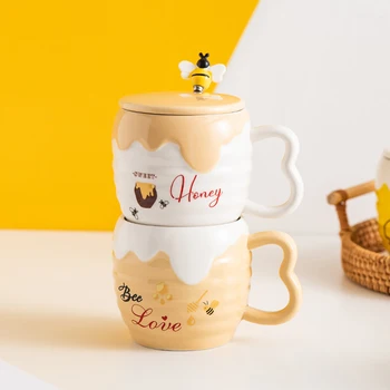 Yaratıcı seramik kapaklı kupa kapak 400 ml karikatür sevimli Arı Kupalar ofis kahve fincan çay bardağı