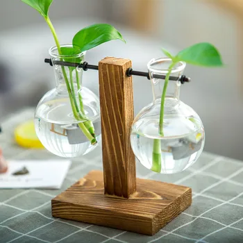 Yaratıcı Topraksız Bitki Bonsai Ahşap Çerçeve Cam Vazo Modern Oturma Odası Masaüstü Süslemeleri Çiçek Saksıları