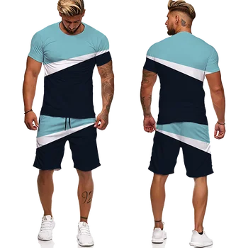 Yaz 3d baskı yeni dikiş spor rahat erkek baskılı kısa kollu tişört şort takım elbise üst basit rahat nefes takım elbise