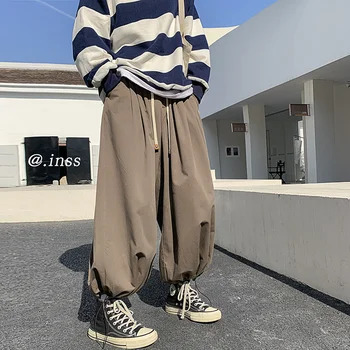 Yaz 4 Renk Pamuklu rahat pantolon Erkekler Moda Büyük Boy Geniş Bacak Pantolon Erkekler Japon Streetwear Hip Hop Gevşek düz pantolon Erkekler