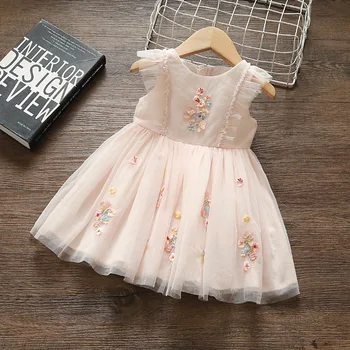 Yaz elbisesi Kore pembe kız evaze elbise prenses etek işlemeli elbise bebek kız giyim kız elbise