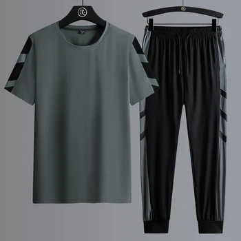 Yaz erkek Setleri Streetwear Eşofman erkek günlük t-shirt + Pantolon İki Adet Set Moda Kazak Kıyafet Moleton Masculino 5XL