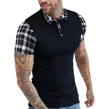 Yaz Erkek T-Shirt Ekose Rahat Erkek Kısa Kollu polo gömlekler Patchwork Turn-aşağı Yaka Fermuar Tasarım Erkekler Sokak giysileri bape