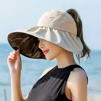 Yaz Kadın Boş silindir şapka Yay Büyük Kenar Yüz kaplama güneş şapkası Katlanabilir Bez Şapka Anti-ultraviyole İç Siyah Tutkal Balıkçı Şapka