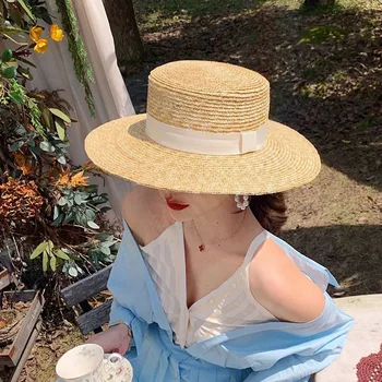 Yaz Kadın Doğal Sert Buğday Saman Hasır Şapka Fedora Üst Düz Şapka Kadın Plaj Ağız Kap RAFYA güneş şapkası için Kadın Caz Panama